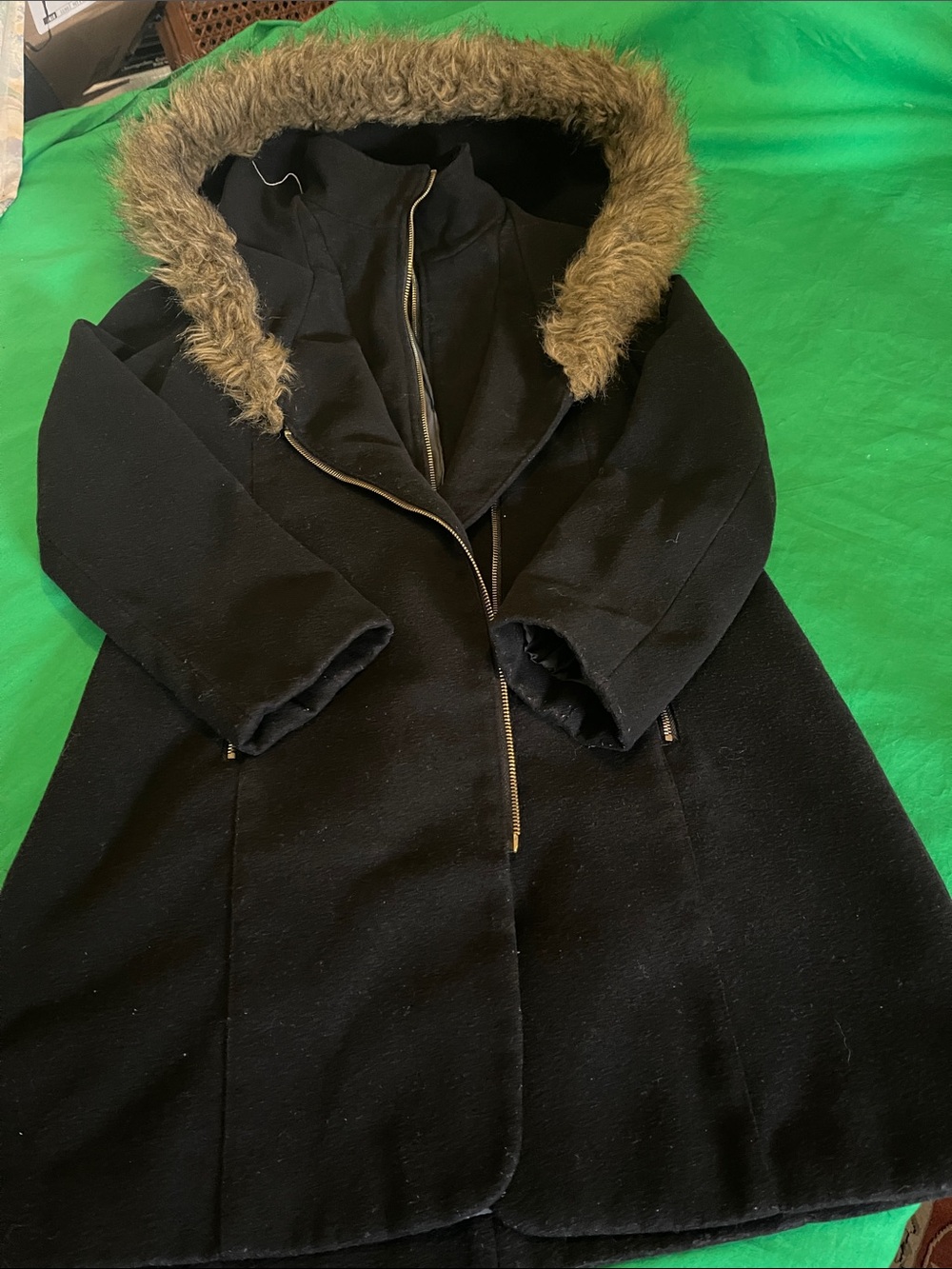 Rothschild Black Trench Coat with Faux Fur Hood Trim